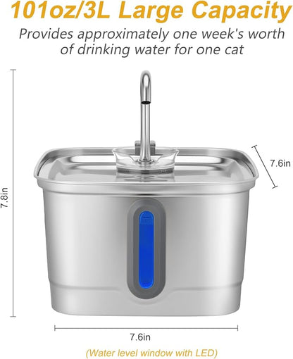 SEIRMEP Stainless Steel Cat Water Fountain, 101oz/3L Automatic Pet Water Fountain, Dog Water Fountain with Replacement Filters for Cats, Small Dogs (4 Filters and 4 Sponges)