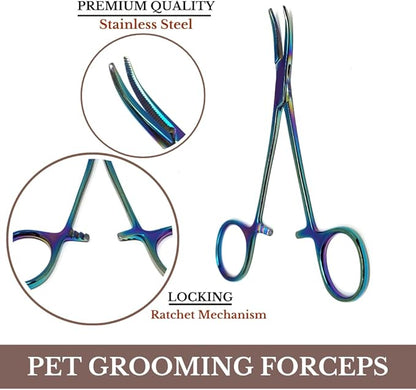 HTI Dog CAT PET Hair Puller Remover Stainless Steel Hemostat Locking Forceps 5.5" Curved Full Serrated (Multicolor)