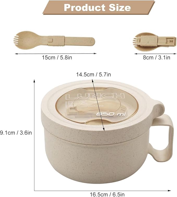 Rarapop 28.7oz Microwave Soup Bowl Containers with Lids, Wheat Straw Ramen Noodles Cup Mug for Instant Noodles,Oatmeal, Gumbo, Salad,Crunch,Cereal & More - Easy-Grip Design, Beige