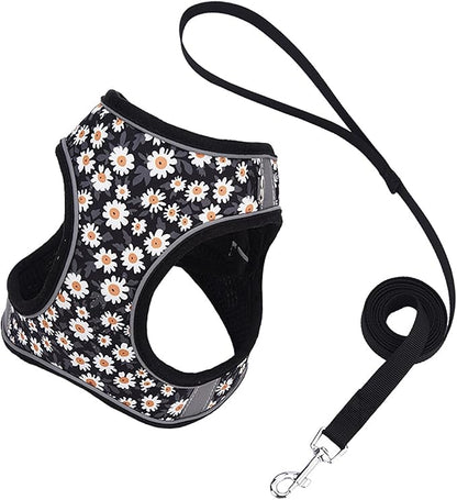 Small Dog Harness Black Daisy Flowers No Pull Reflective Step in Vest Harness Mesh Padded Soft Harness for Small Medium Dogs Cats