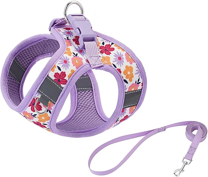 Small Dog Harness with Leash Purple Flowers Pattern Step in Mesh Padded Soft Harness for Small Medium Dogs Cats