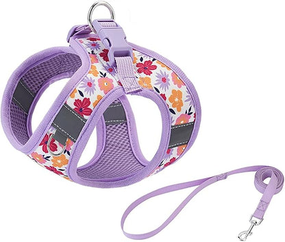 Small Dog Harness with Leash Purple Flowers Pattern Step in Mesh Padded Soft Harness for Small Medium Dogs Cats