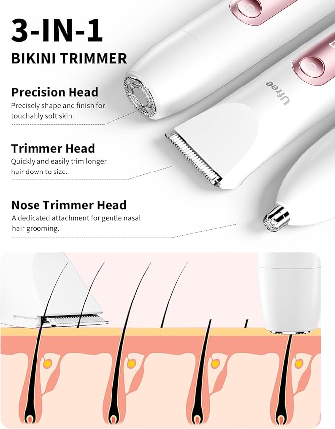 Ufree Bikini Trimmer Electric Razors for Women Dual Head, Pubic Body Hair Trimmer Electric Shaver for Face, Legs, Arm, Rechargeable Lady Shaver Waterproof, Summer Grooming Kit
