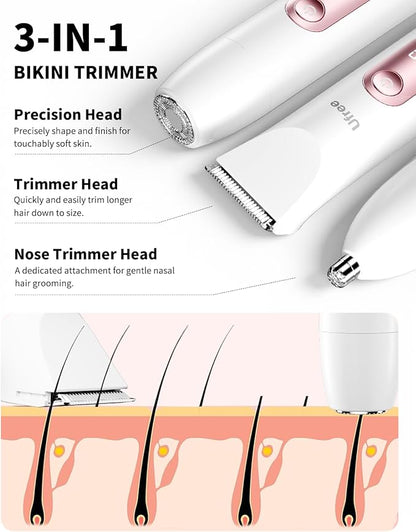 Ufree Bikini Trimmer Electric Razors for Women Dual Head, Pubic Body Hair Trimmer Electric Shaver for Face, Legs, Arm, Rechargeable Lady Shaver Waterproof, Summer Grooming Kit