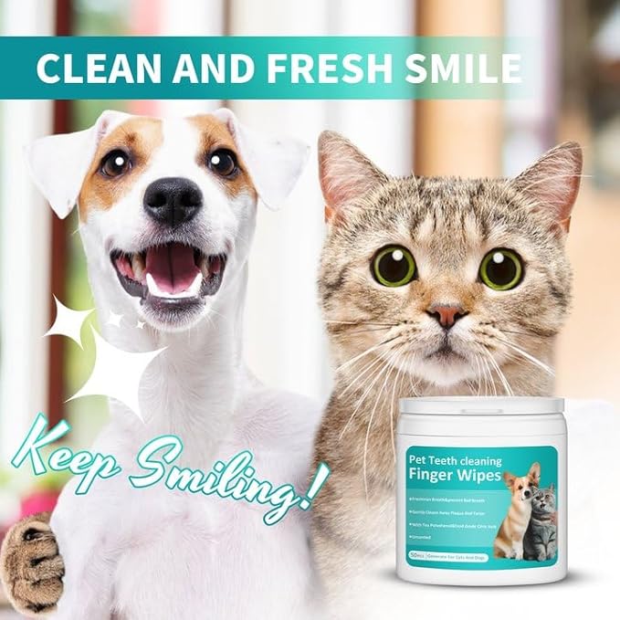 PITHER Dog Teeth Cleaning Wipes, Pet Dental Finger Wipes for Dogs & Cats Disposable Gentle Dog Teeth Cleaning Pads Tooth Brushing Kit Freshen Bad Breath Remove Plaque & Tartar Buildup 50 Counts