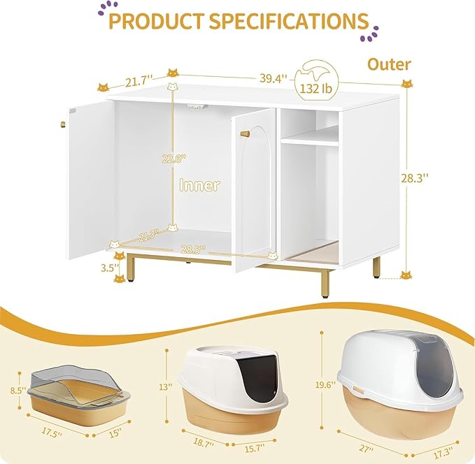 Hzuaneri Cat Litter Box Enclosure Enclosed, Hidden Litter Box Cabinet Furniture with Storage, Wooden Indoor Cat House Large, Modern End Table for Living Room Entryway, White and Gold CB84903A