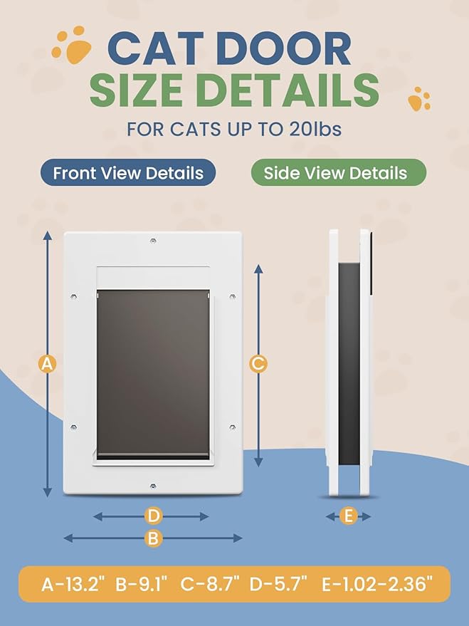 Cat Door, Cat Door Interior Door with Soft Magnetic Flaps, Sliding Panel Closure, Telescoping Tunnel, Easy DIY Installation Kitty Door, Exterior Cat Doors for Cats Up to 20 lbs, White