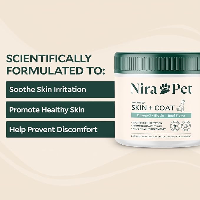 Nira Pet Skin and Coat Supplement for Dogs – Beef Flavor – 60 Soft Chews with Omega 3, EPA, DHA, and Biotin