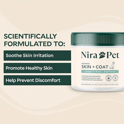 Nira Pet Skin and Coat Supplement for Dogs – Beef Flavor – 60 Soft Chews with Omega 3, EPA, DHA, and Biotin