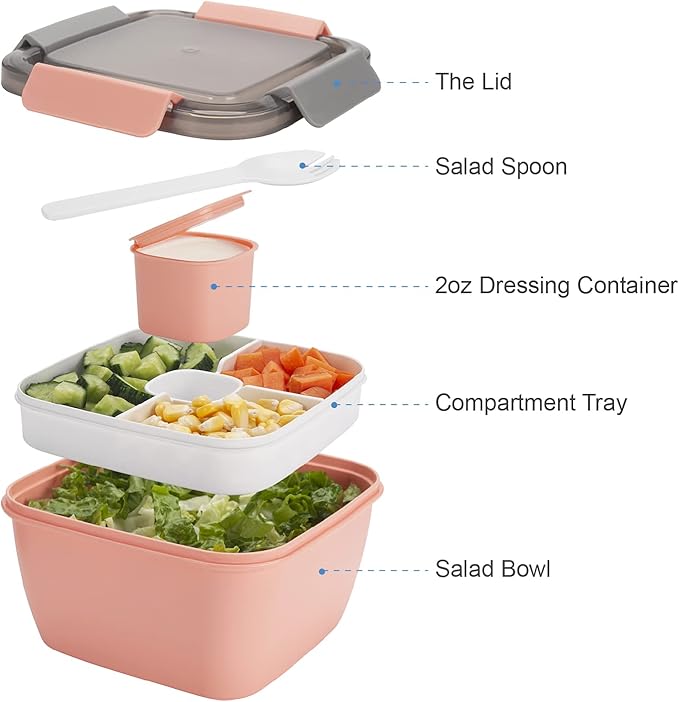 Freshmage Lunch Container To Go, 2 Packs 52-oz Salad Bowls With 3 Compartments, Dressings Container for Toppings, Snacks, Men, Women (Pink+Pink)
