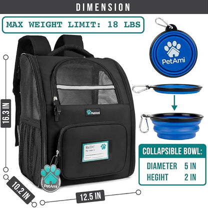 PetAmi Dog Backpack Carrier for Small Large Cat, Pet, Puppy, Ventilated Pet Hiking Backpack Travel Bag, Airline Approved Cat Backpack Carrier, Camping Biking Dog Bag Up to 18lbs Pet, Black
