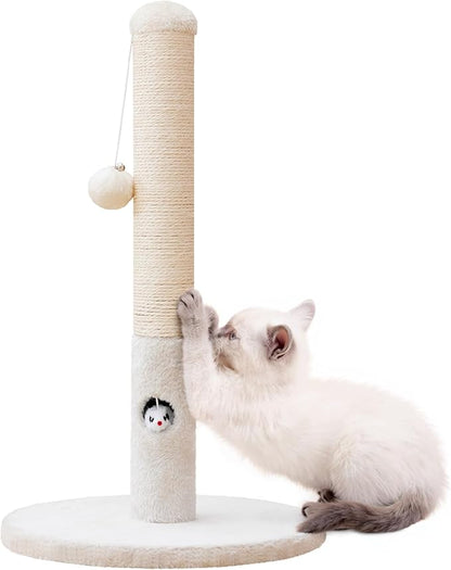 Woochpet Cat Scratching Post for Kitten, 23in Tall Cute Small Cat Scratching Post with Premium Sisal Rope and Dangling Cat Toy Balls (White