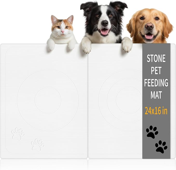Stone Dog & Cat Food Mat, Bite-Proof Non-Slip Large Diatomaceous Pet Feeding Mat for Puppy Cat, Summer Cooling Quick Drying Dog Cat Water Bowls Mat for Protect Floor (White 24" x 16")