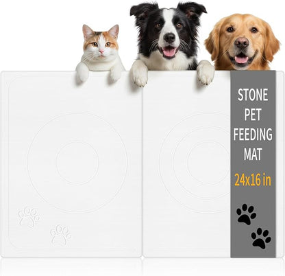 Stone Dog & Cat Food Mat, Bite-Proof Non-Slip Large Diatomaceous Pet Feeding Mat for Puppy Cat, Summer Cooling Quick Drying Dog Cat Water Bowls Mat for Protect Floor (White 24" x 16")
