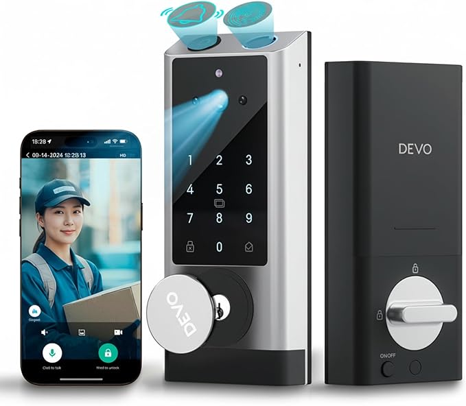Devo G1 Video Smart Lock with Camera & Doorbell, 6-in-1 Fingerprint Keyless Entry Door Lock for Front Door, App Remote, Auto Locks, Wi-Fi Smart Deadbolt, Easy Install, Waterproof, Silver