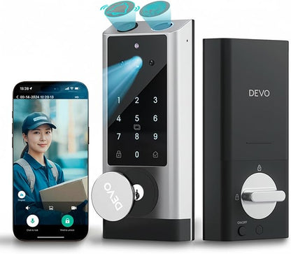 Devo G1 Video Smart Lock with Camera & Doorbell, 6-in-1 Fingerprint Keyless Entry Door Lock for Front Door, App Remote, Auto Locks, Wi-Fi Smart Deadbolt, Easy Install, Waterproof, Silver