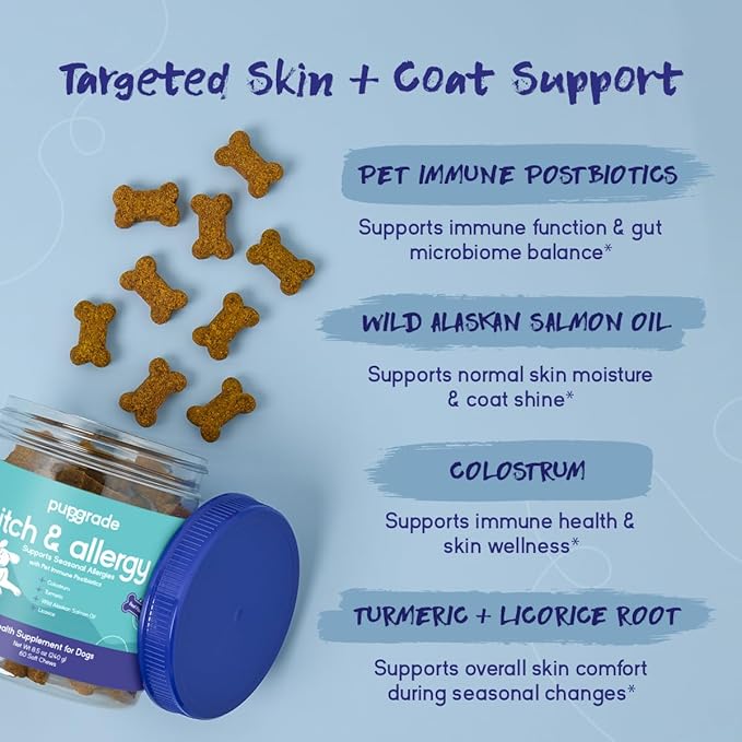 PupGrade Itch & Allergy Soft Chews for Dogs – Helps Reduce Occasional Itching – Skin & Coat Support Supplement with Pet Immune Postbiotics & Salmon Oil – Probiotic Immune & Gut Support – 60 Count
