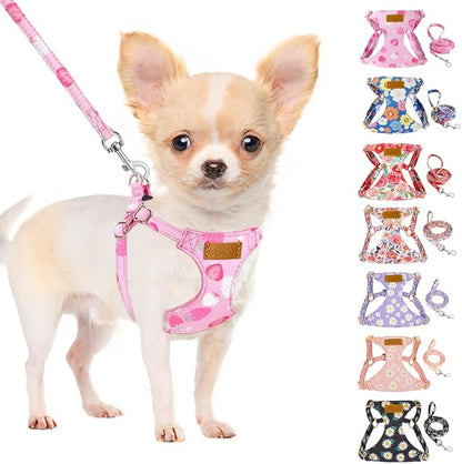 SlowTon No Pull Dog Harness with Leash - Soft Lightweight Floral Pattern Puppy Harness, Adjustable Pet Harness for Small Medium Dogs (Pink Strawberry, S)
