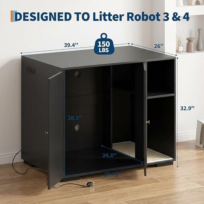 GAOMON Large Litter Box Enclosure Cabinet for Litter Robots, Cat Litter Furniture with Dog-Proof Shelf and Built-in Power Outlet, 5 Ft Power Cord, Fits Most Self-Cleaning Litter Boxes, Black