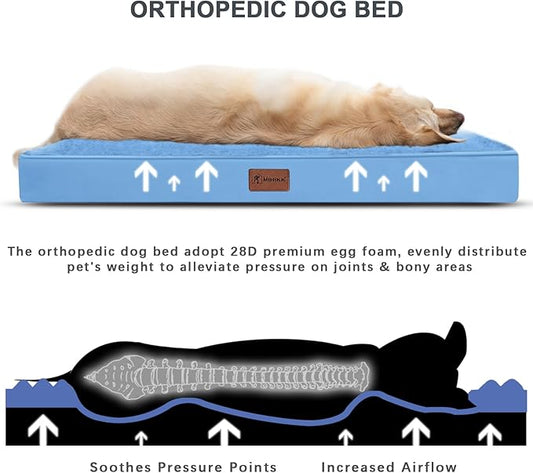 MIHIKK Waterproof Dog Beds Large Sized Dog Orthopedic Pet Beds for Crate with Removable Washable Cover Egg-Crate Foam Pet Pad Mat with Anti-Slip Bottom, 41x27 Inch, Blue