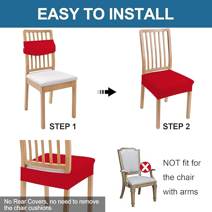 Smiry Waterproof Seat Covers for Dining Room Chairs Set of 6, Stretch Jacquard Removable Washable Chair Seat Slipcovers Protector, No Rear Covers, Red