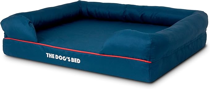 The Dog’s Bed Orthopedic Memory Foam Dog Bed with Bolsters for Large Dogs, High Density Support Mattress, Low Front Entry, Removable Washable Cover, Oxford Fabric, Blue with Dark Red Trim, Large