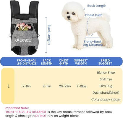 Dog Backpack Carrier, Front Pocket for Essentials, Pet Sling Front Backpacks for Small Medium Dogs 7-11 Lbs, Legs Out, Adjustable Wearable Puppy Chest Travel Bag, Easy-Fit for Hiking/Walking/Camping