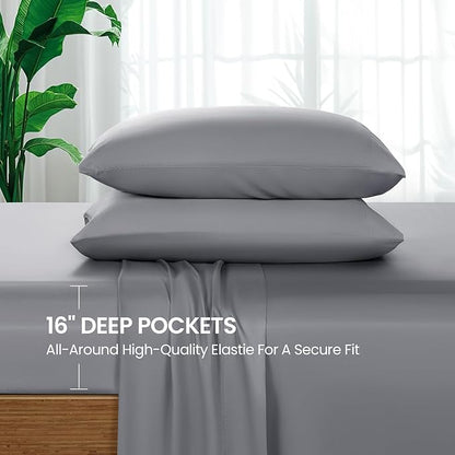 SONORO KATE 100% Viscose Derived from Bamboo_Sheets Full Size, Ultra Breathable & Cooling Bed Sheets for Hot Sleepers, Hotel Luxury Silky Bedding Sheets, 16" Deep Pocket - 4PC (Grey,Full)