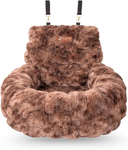 Pelsbarn Luxurious Cozy Car Bed - X-Small Luxury Travel Dog Bed with Safety Belt - Ultra Soft Faux Fur - Brown