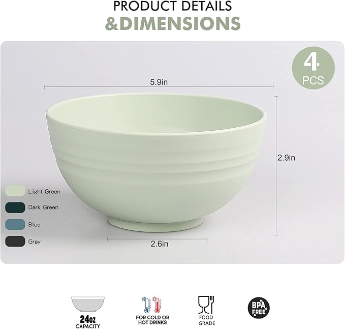 shopwithgreen Plastic Cereal Bowls, Reusable Bowls for Kitchen, Set of 4, Microwave and Dishwasher Safe Bowl for Soup, Oatmeal, Ramen, RV, Camping, Kids, College Dorm Room, 26 OZ, Dark Coastal