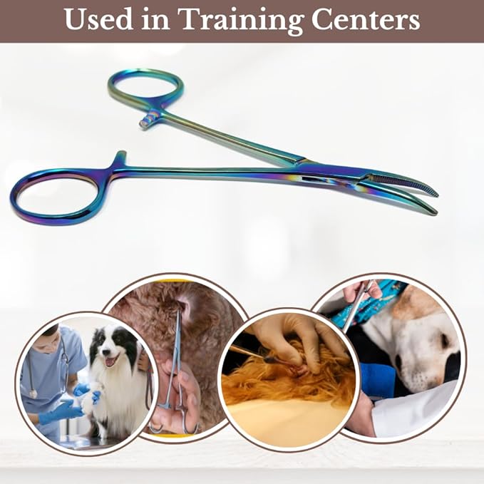 HTI Dog CAT PET Hair Puller Remover Stainless Steel Hemostat Locking Forceps 5.5" Curved Full Serrated (Multicolor)