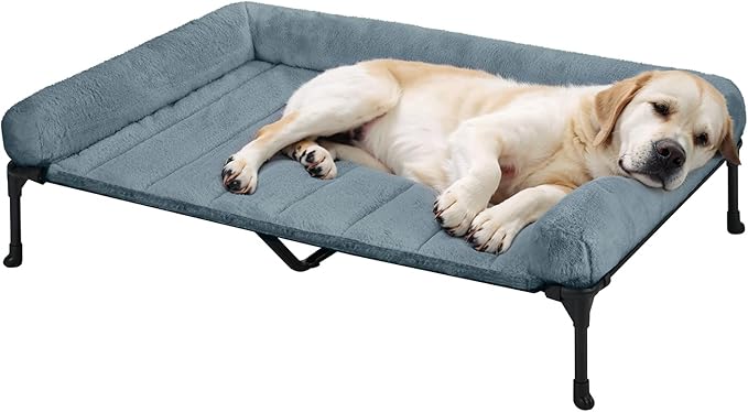 Veehoo Orthopedic Elevated Dog Bed with Fluffy Plush Bolster Cushion, Indoor Raised Dog Beds for Large Dogs, Soft Pet Sofa Cot with Removable Washable Mat, No-Slip Feet, 49 x 33 inches, Haze Blue