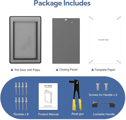 Dog Door for Exterior Door,Antirust & Heavy Duty Doggie Door,Aluminum Doggy Door with Two Flaps with Six Magnetic Strips, Pet Door (Black, Large)