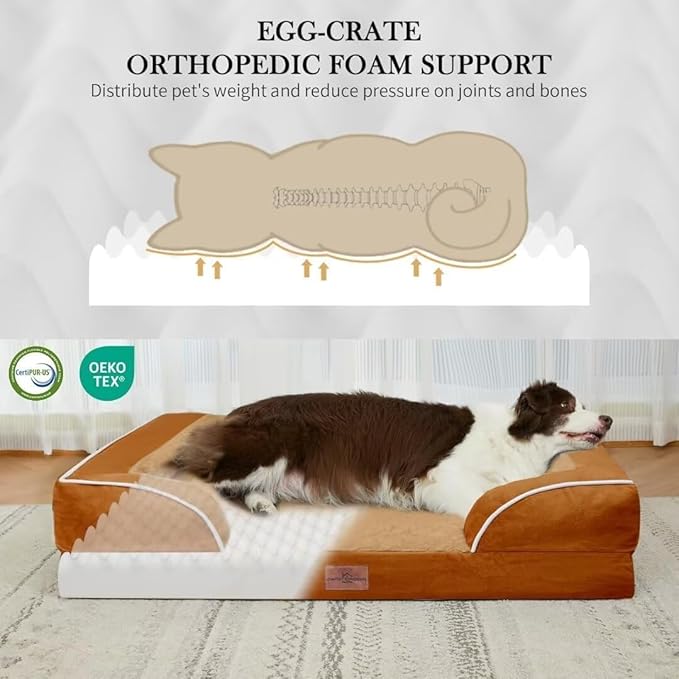 Comfort Expression Orthopedic Dog Bed for Medium Dogs 30x20 Inch, Waterproof Supportive Egg Crate Foam Medium Pet Bed with Removable Bolsters, Dog Couch with Washable Cover & Non-Slip Bottom, Orange