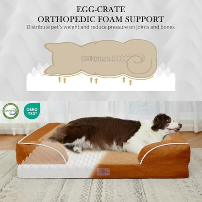 Comfort Expression Orthopedic Dog Bed for Medium Dogs 30x20 Inch, Waterproof Supportive Egg Crate Foam Medium Pet Bed with Removable Bolsters, Dog Couch with Washable Cover & Non-Slip Bottom, Orange