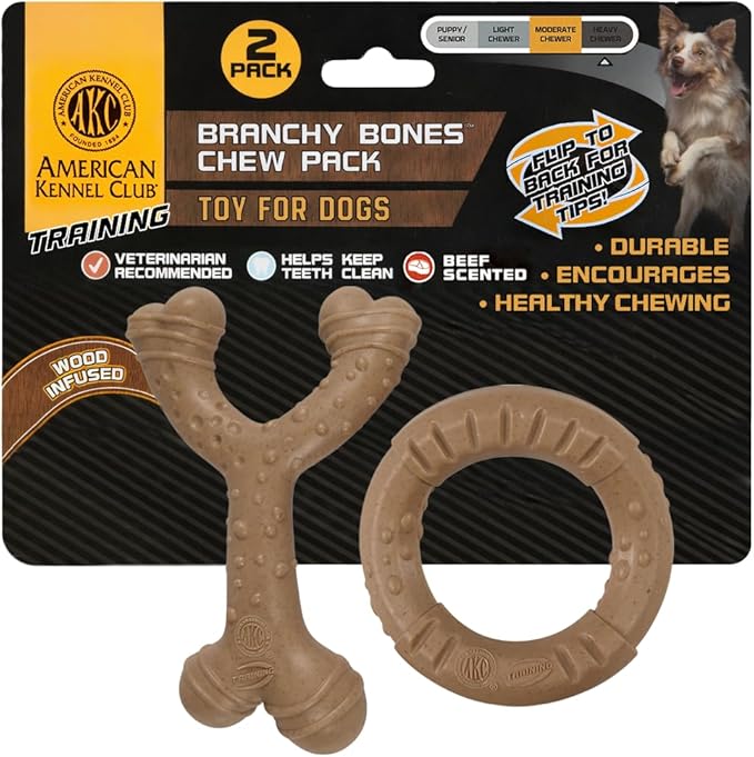 American Kennel Club 2 Pack Training Dog Chew Toy, Wood-Infused PP Wishbone and Ring Dog Toys, Durable Dog Toys for Moderate Chewers, Beef Scented for Long-Lasting Engagement, Supports Dental Health