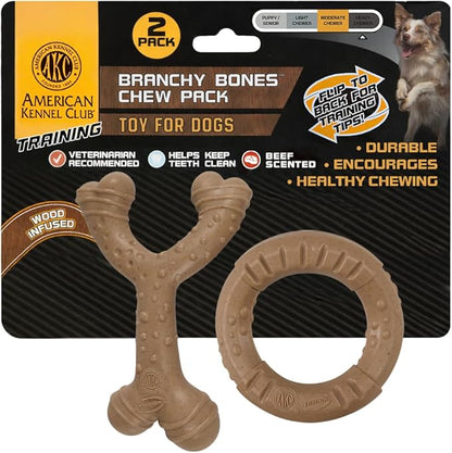 American Kennel Club 2 Pack Training Dog Chew Toy, Wood-Infused PP Wishbone and Ring Dog Toys, Durable Dog Toys for Moderate Chewers, Beef Scented for Long-Lasting Engagement, Supports Dental Health