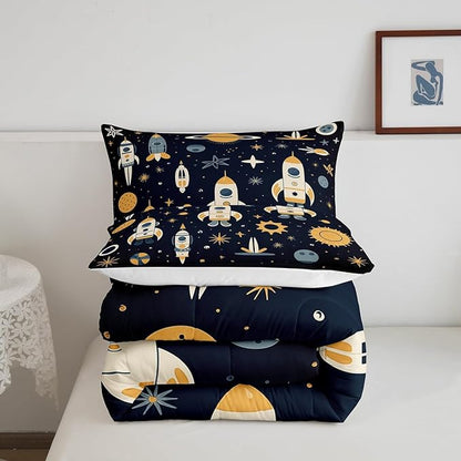 Erosebridal Galaxy Sun Bedding Sets King Universe Stars Down Comforter,Rocket Quilt Set for Kids Toddler Cartoon Planets Style Quilted Comforter Lightweight Soft Room Decorative 3 Piece
