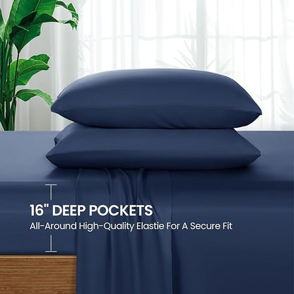 SONORO KATE 100% Viscose Derived from Bamboo_Sheets King Size, Ultra Breathable & Cooling Bed Sheets for Hot Sleepers, Hotel Luxury Silky Bedding Sheets, 16" Deep Pocket - 4PC (Navy Blue,King)