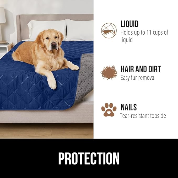 GORILLA GRIP Waterproof Dog Blanket, Leakproof Couch Cover for Dogs, Silicone Grip Backing, Protects Sofa, Sectional, Bed, Crate, Car & RV, Tear-Resistant Washable Senior Pet Blanket, 50x40, Navy Blue