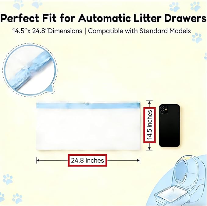 45 Count Cat Litter Box Liners for Automatic Litter Boxes, Durable Drawstring Bags, Leakproof & Tear-Resistant Waste Liners (24.8" x 14.5")