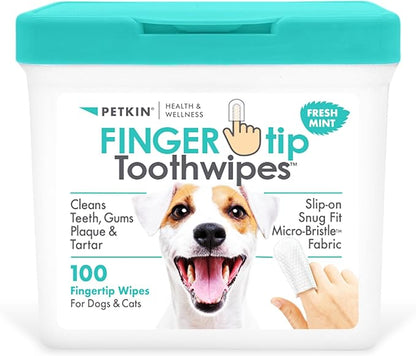 Petkin Fingertip Tooth Wipes for Dogs and Cats, 100 Finger Wipes - Slip-On, Snug Fit, Micro-Bristle Fabric - Cleans Teeth, Gums, Plaque & Tartar - Convenient, Ideal for Home and Travel - Fresh Mint