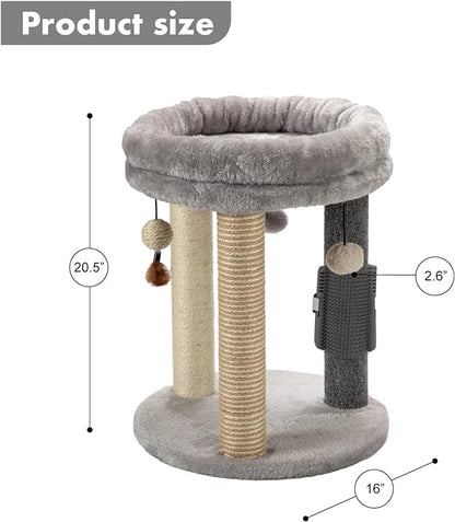 MECOOL 4in1 Small Cat Tree,Scratching Post with Tower Soft Bed, Sisal Carpet Jute Posts with Three Hanging Ball Toys and Massage Brush for Indoor Cats and Kittens
