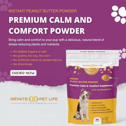 Infinite Pet Life Premium Calm & Comfort Peanut Butter Powder for Dogs- Anxiety Relief | Real Peanut Butter | 12.7 oz | Fireworks, Thunder, Stress