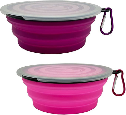 Medium Collapsible Dog Bowl 23oz,2 Pack Portable and Foldable Pet Travel Bowls with 2 Carabiners & Lids for Dogs Cats and Small Animals (Purple+Pink, 650ml)