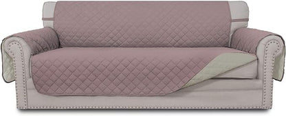 Easy-Going 4 Seater Sofa Slipcover Reversible Sofa Cover Water Resistant Couch Cover with Foam Sticks Elastic Straps Furniture Protector for Pets Children Dog Cat (XX-Large, Pink/Beige)