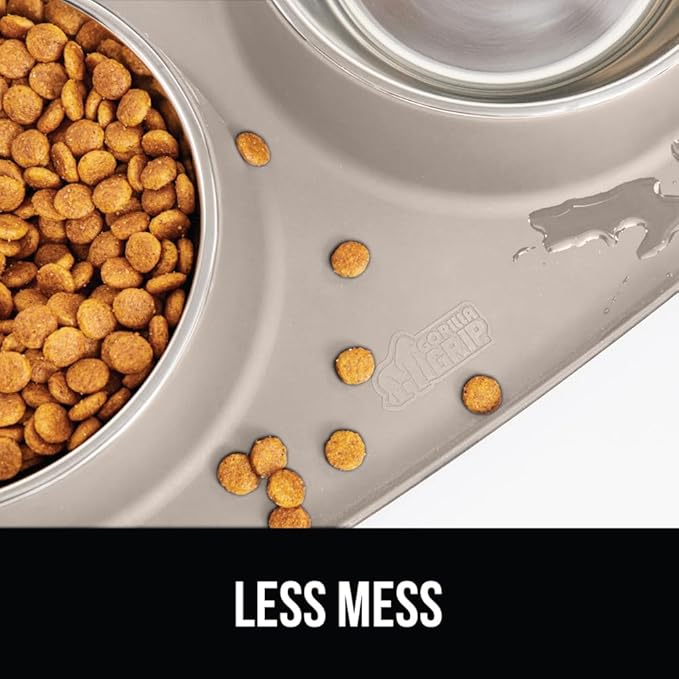 GORILLA GRIP Feeding Mat Bowl Set, 100% Waterproof BPA Free Silicone Base, 304 Stainless Steel Cat and Dog Bowls for Food and Water, Slip Resistant, High Edge, US Designed, Patent Pending, 1 Cup Beige
