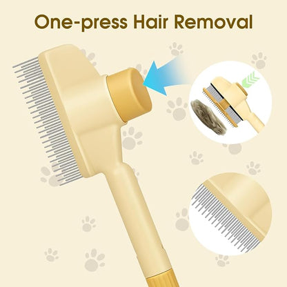 Self-Cleaning Cat and Dog Comb – 2-in-1 Pet Hair Removal and Flea Comb with Stainless Steel Teeth and One-touch Release Button, Suitable for Hair Removal, Detangling, and Grooming Yellow