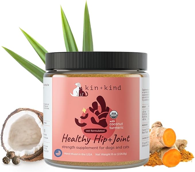 kin+kind Hip and Joint Supplement for Dogs & Cats – Vet Formulated Natural Joint Support with Organic Turmeric, Black Pepper & Coconut – Dog Essentials & Cat Essentials – Made in USA – 8 oz (Large)
