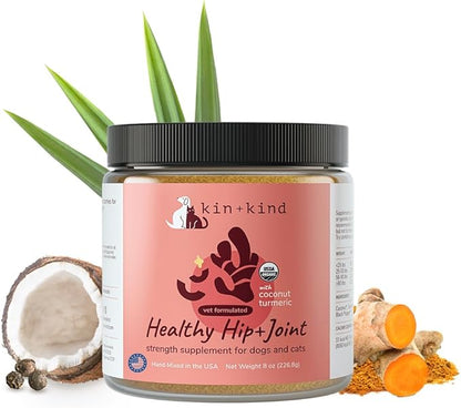 kin+kind Hip and Joint Supplement for Dogs & Cats – Vet Formulated Natural Joint Support with Organic Turmeric, Black Pepper & Coconut – Dog Essentials & Cat Essentials – Made in USA – 8 oz (Large)